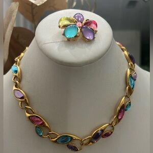 Signed Vintage TRIFARI TM Pastel Link Necklace Bracelet & Brooch Set